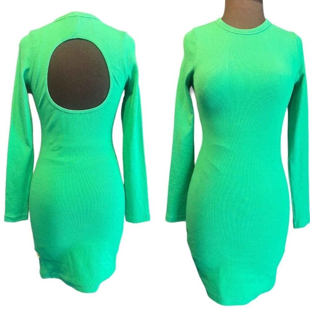 Araminta James Kelly Green Long Sleeved Ribbed Back Cut Out Minimalist Dress S